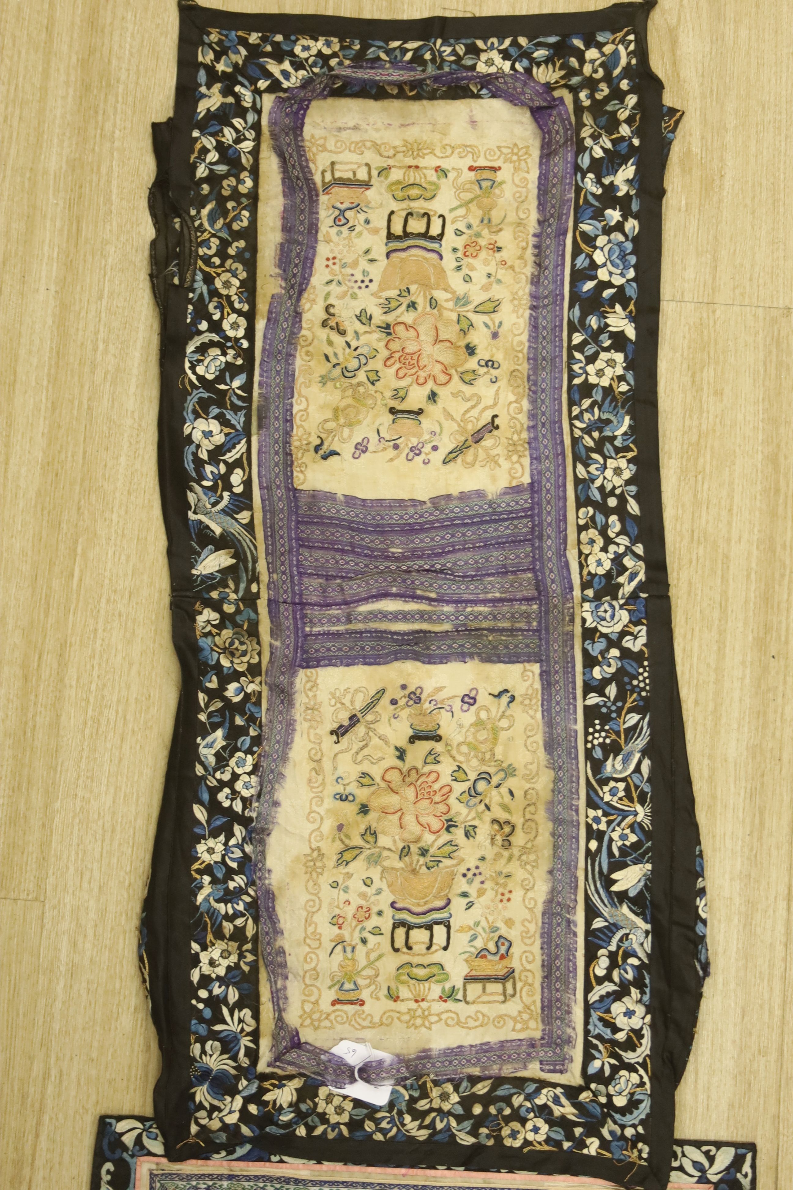 A 19th century Chinese silk embroidered panel, embroidered with Chinese knotting of a ceremonial scene and another